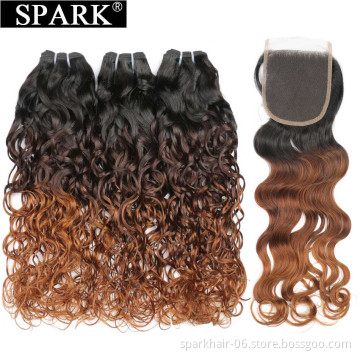 SPARK 8A water wave hair flat weft natural black virgin filipino hair 3 bundles with closures free sample hair bundles